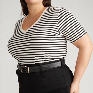 Universal Standard Black & Ecru Stripe V Rex V-Neck Short Sleeve Tee